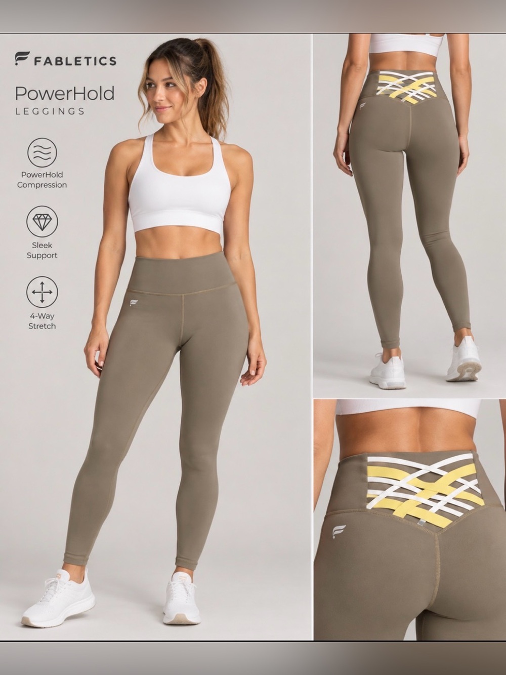 Fabletics Olive High-Waisted PowerHold Leggings with Yellow & White Waist Detail